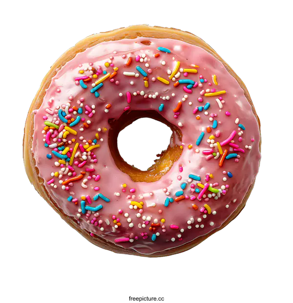 [Transparent Background PNG]A delicious donut with pink icing and colorful sprinkles