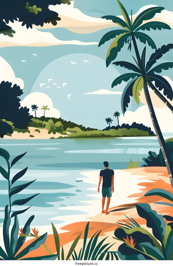 Man Standing on Beach With Palm Trees and Ocean in Background