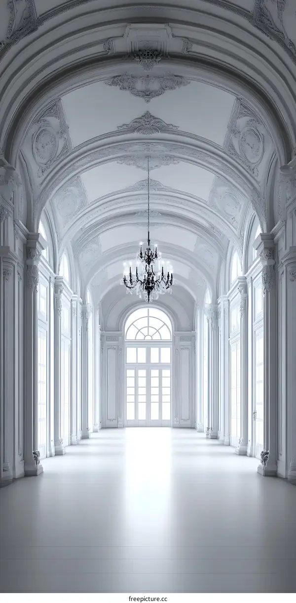 White Interior with Ornate Chandelier and Archway