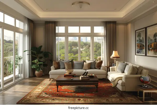 Spacious Living Room with City Views and Balcony