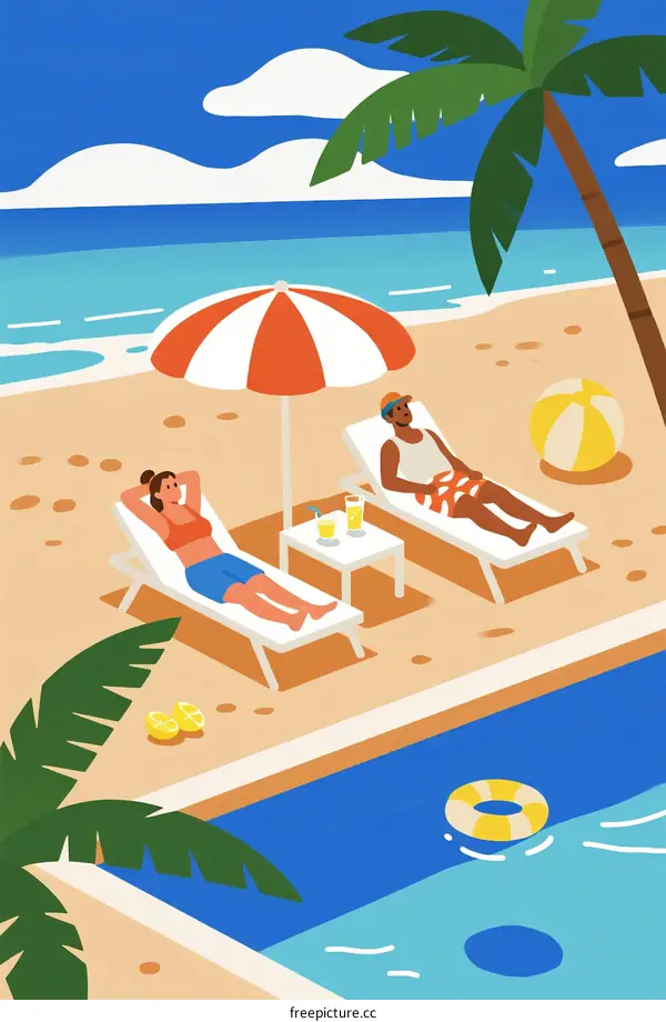 Two People Relaxing Under Umbrella on Beach with Pool