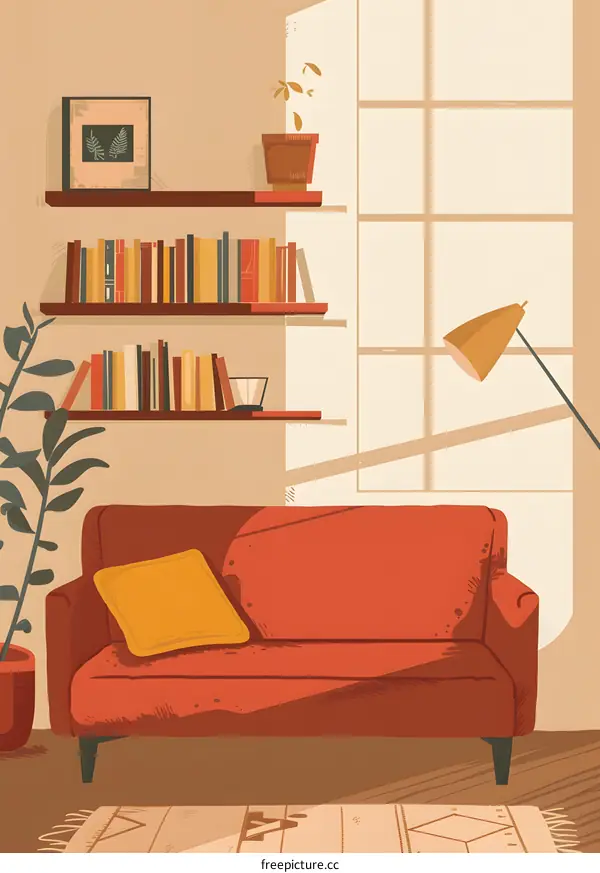Cozy Living Room With Bookshelf And Sofa