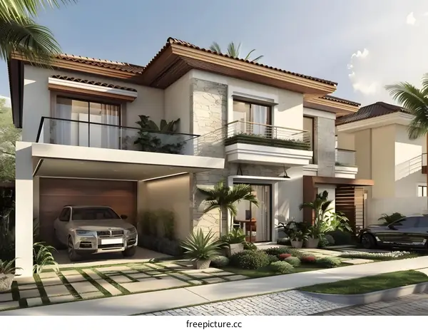 Modern Two Story House with Garage and Landscaping