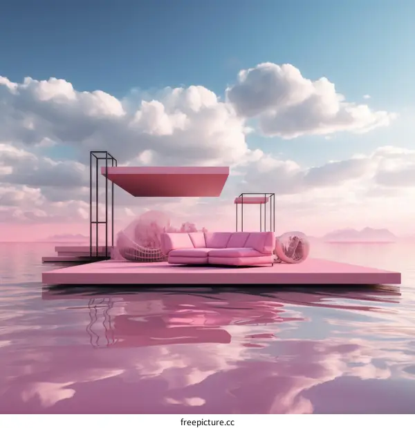 pink surreal seascape with floating pink platform