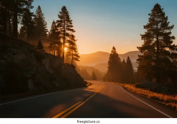 Sunrise over a winding road surrounded by tall pine trees