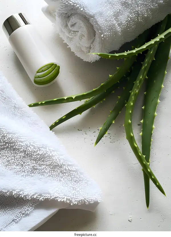 Aloe Vera Plant With White Towel And Bottle On White Background