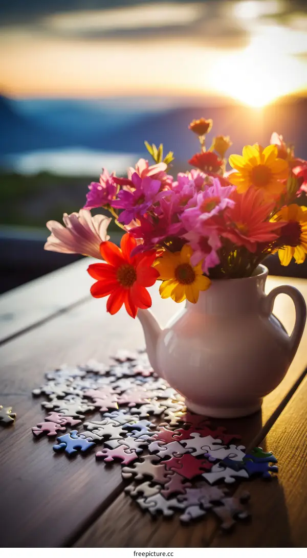 A beautiful bouquet of flowers in a white ceramic teapot sits on a wooden table scattered with puzzle pieces as the sun sets in the background