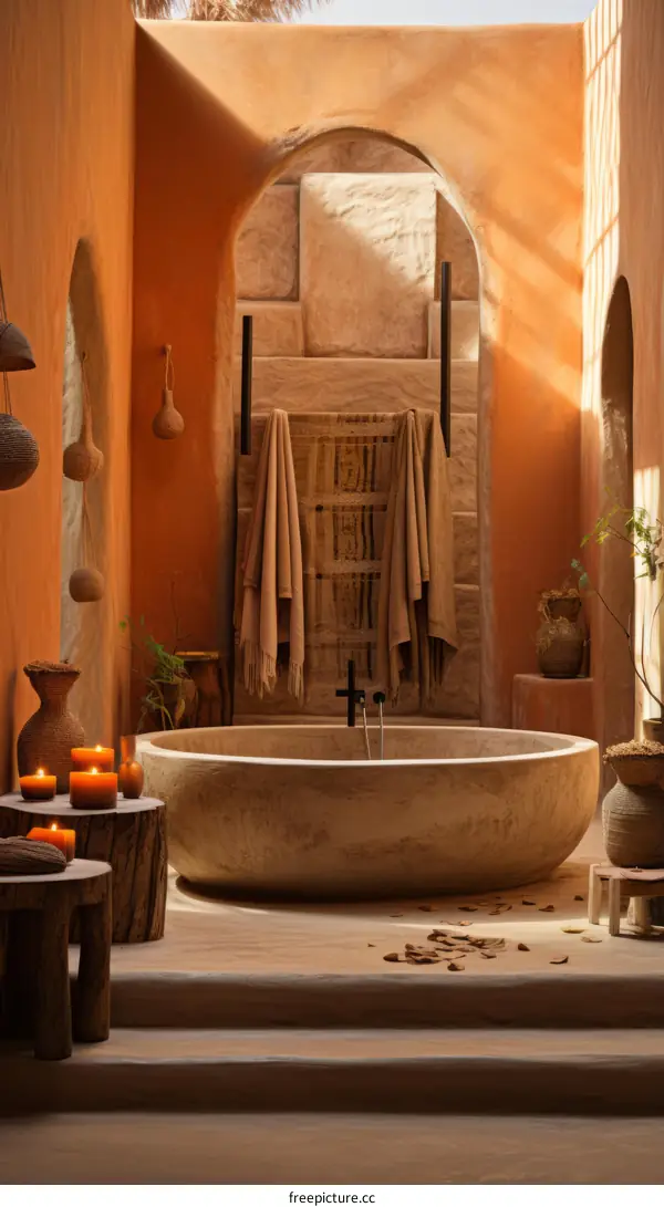 Bathroom interior with natural materials and warm colors