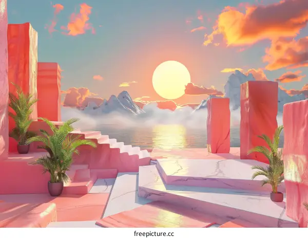 pink platform by the sea with large sun and mountains in the background