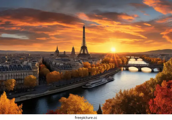 Paris cityscape with Eiffel Tower at sunset