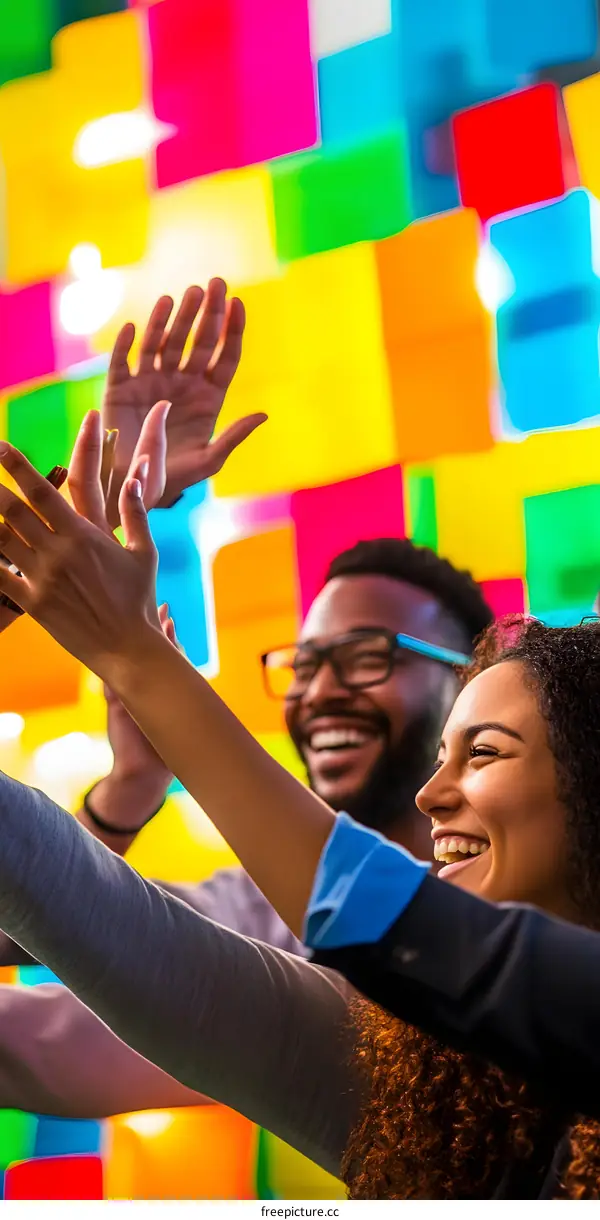 Two Diverse Friends Give High Five In Front Of Colorful Background