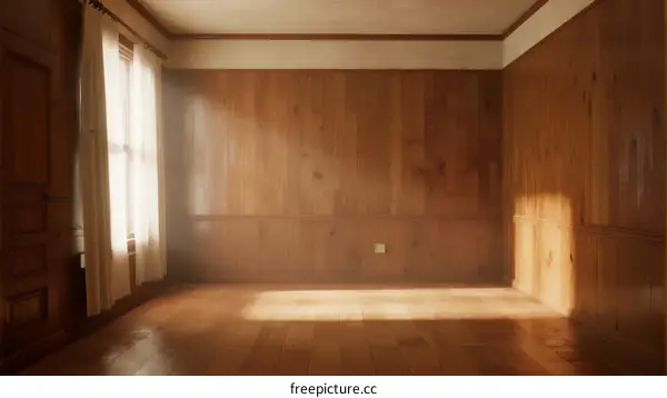 Empty room with wooden walls and floor letting in sunlight