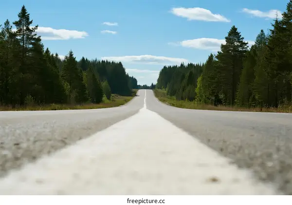 A long empty road surrounded by dense green forests under a clear blue sky