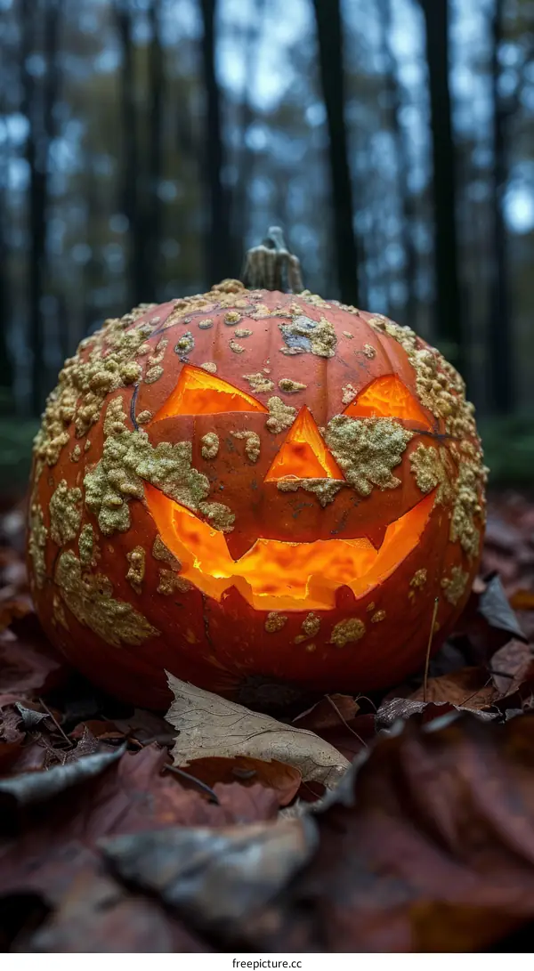 A spooky jack-o-lantern sits in a pile of fallen leaves in the woods.