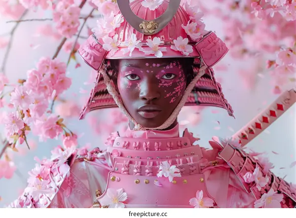 Black Woman in Pink Samurai Armor with Cherry Blossoms