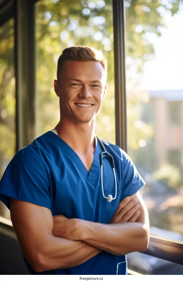 Portrait of a Smiling Young Male Doctor in Blue Scrubs