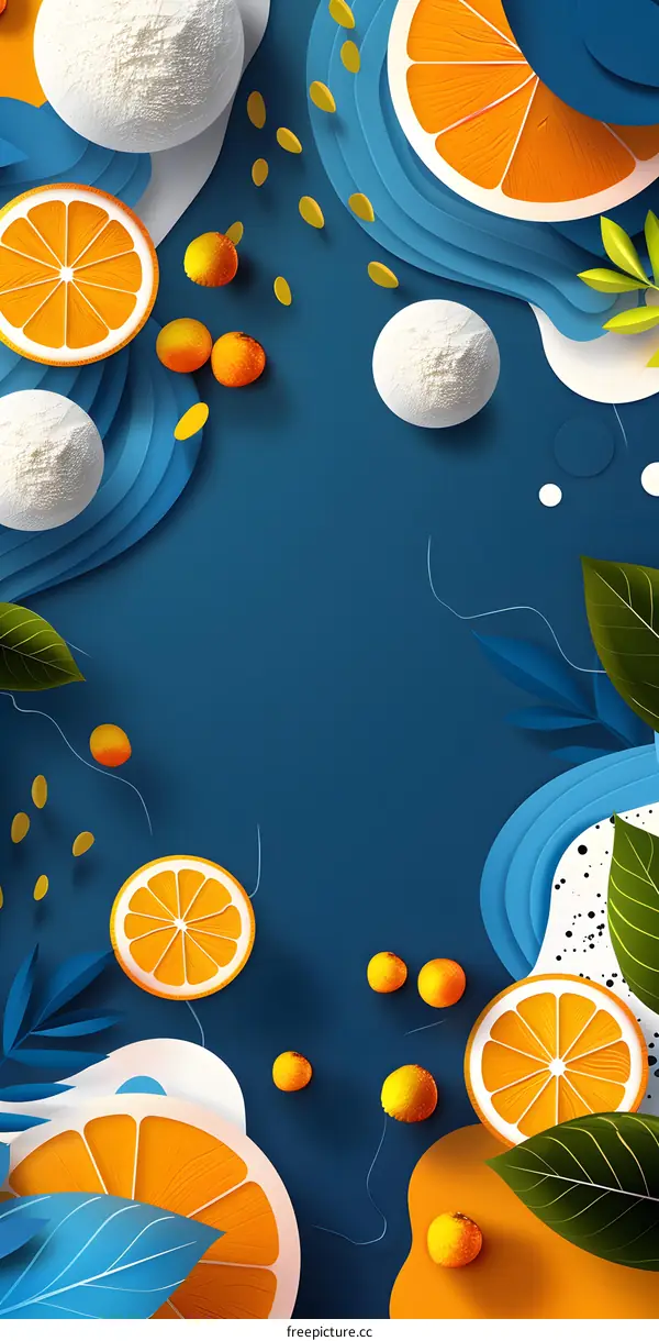 Blue Background With Orange Slices And Leaves