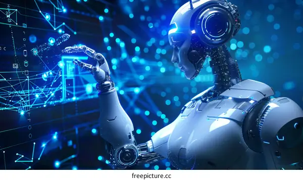 Illustration of a female robot touching a virtual screen