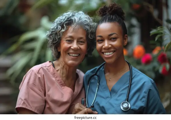 Two female healthcare workers smiling at each other