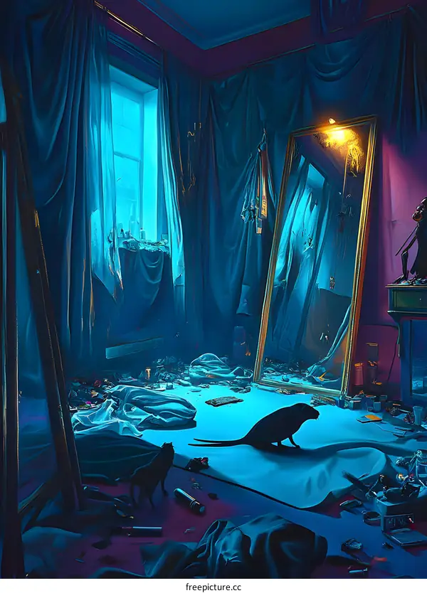 Blue and Purple Room with Two Cats and a Mirror