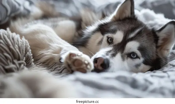 A Siberian Husky lies on a bed and gazes at the camera