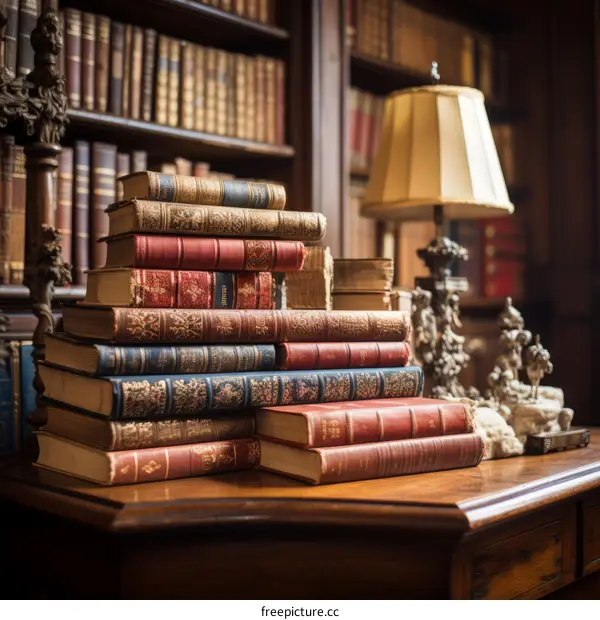 A stack of old books on a wooden table in a library with a lamp on the side