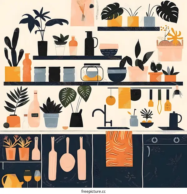 Kitchen Illustration with Plants and Utensils