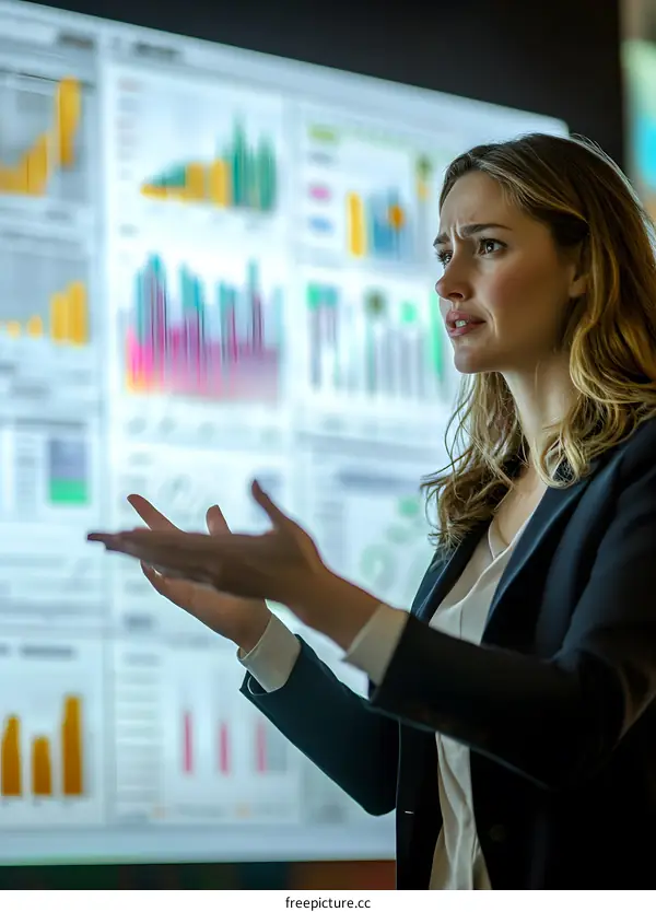 Businesswoman Presenting Data Charts On Screen