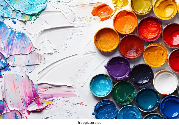 Colorful Paint Pots and Strokes On White Canvas