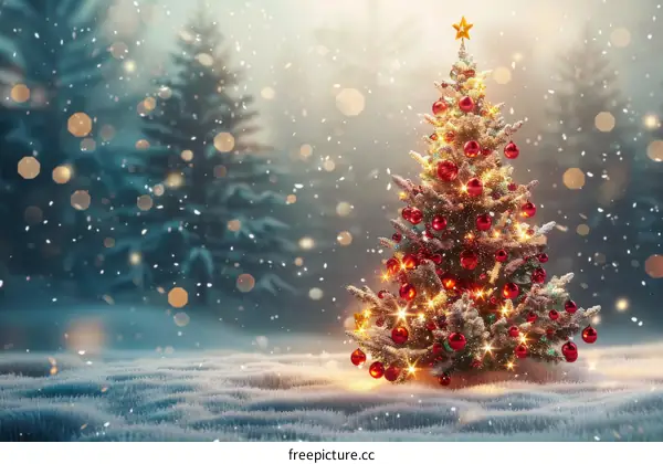 Christmas Tree Glowing in the Snowy Night