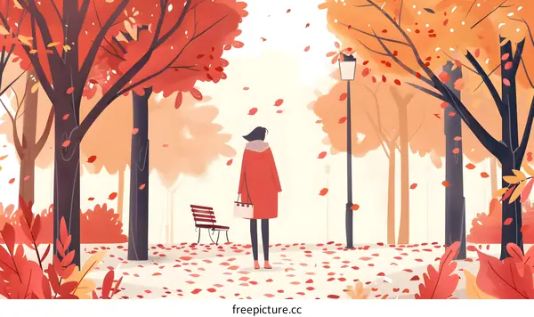 Autumn Landscape with Woman in Red Coat