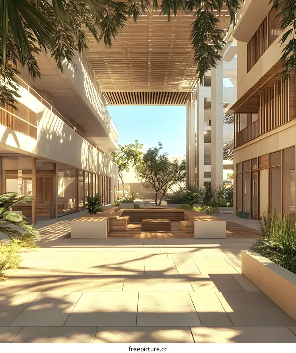 Modern Architecture Courtyard Design with Wooden Pergola and Greenery