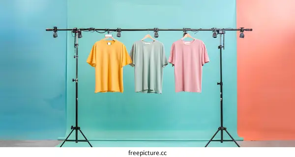 Three Colorful T Shirts Hanging On A Rack Against A Blue And Orange Background