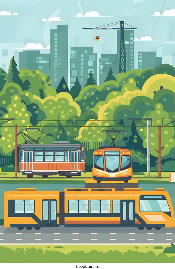 Urban City Landscape with Trams and Construction Crane