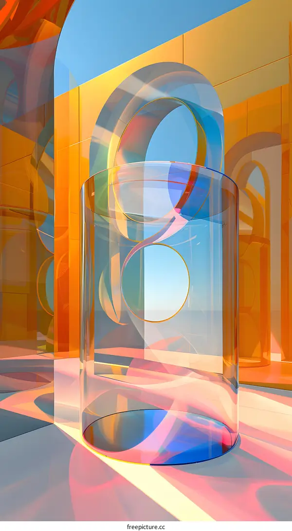 3D rendering of a glass cylinder on a reflective surface with a blue sky in the background