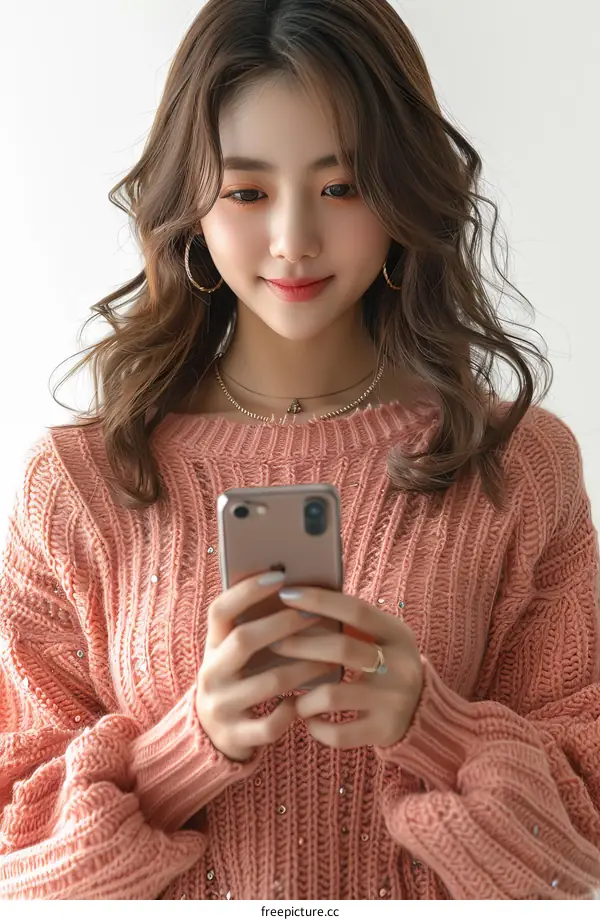 Asian woman in pink sweater holding a phone
