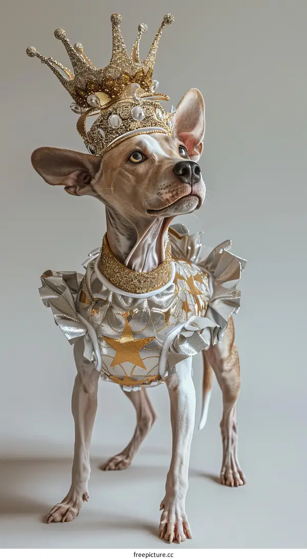 A dog wearing a golden crown and a silver and gold star-covered outfit