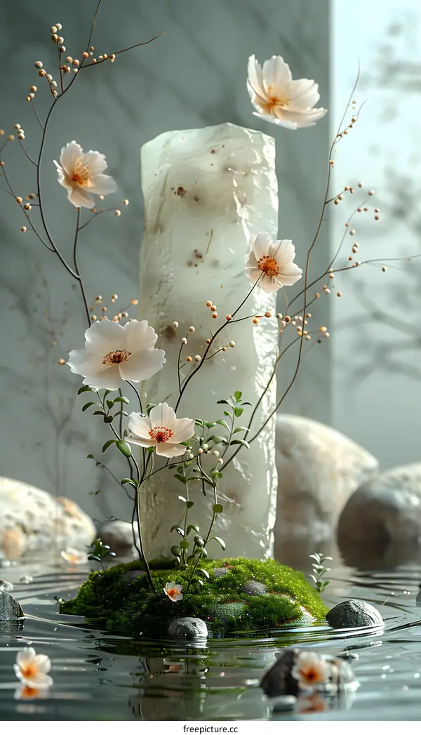 White Flowers and Stone in Water