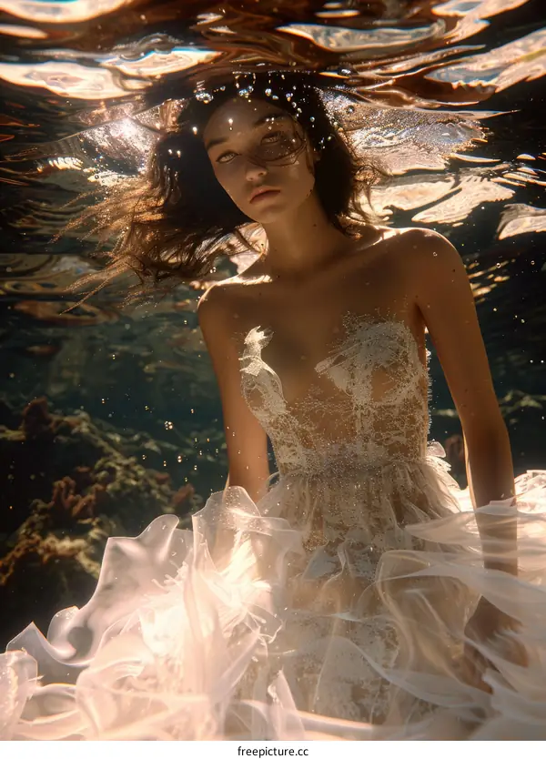 An ethereal underwater photoshoot of a bride in a flowing white dress
