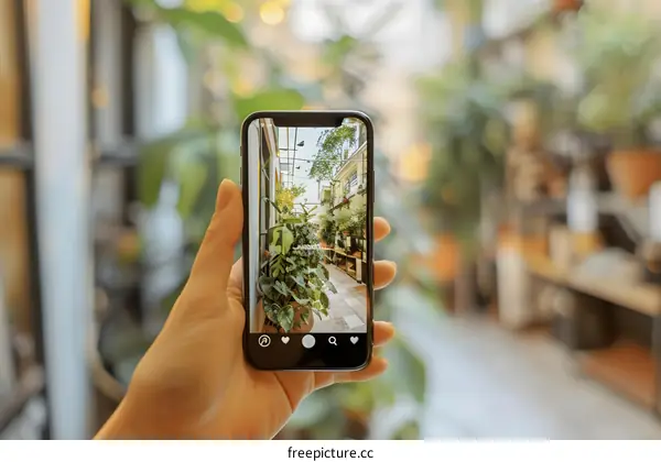 Hand Holding Smartphone Taking Photo of Garden Pathway