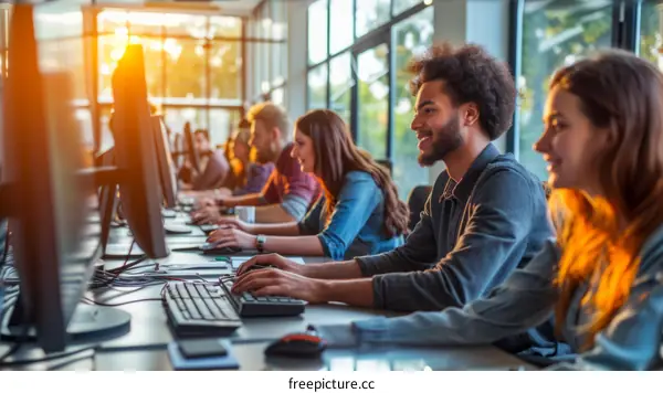 A group of young professionals working together in an office