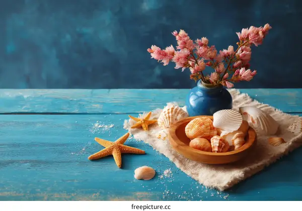 Seashell Still Life with Pink Flowers on Blue Wooden Table