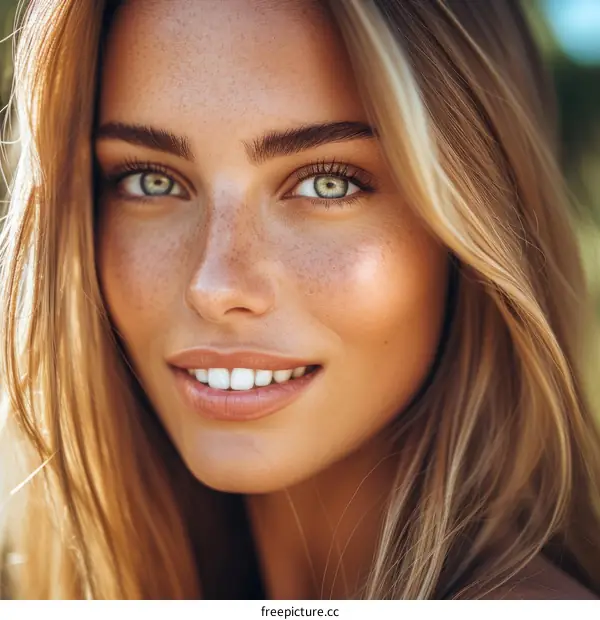 Beautiful young blonde woman with freckles on her face