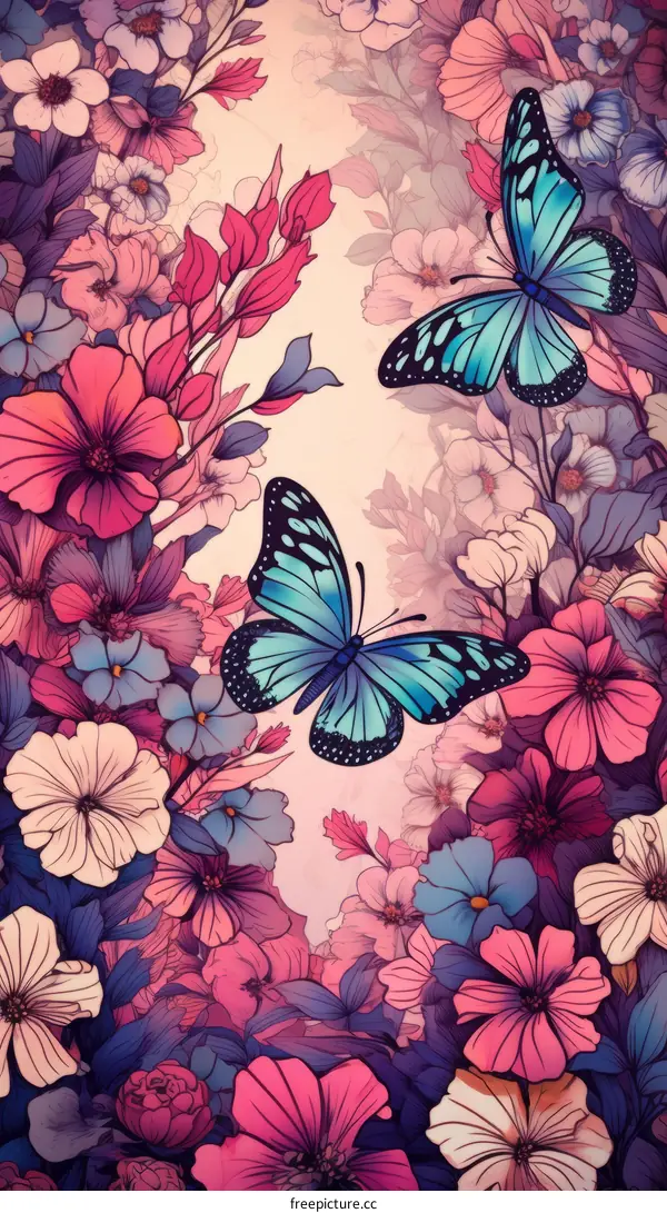 Two blue butterflies in a field of flowers