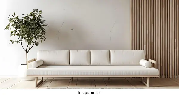 Minimalist Living Room Interior Design with White Sofa and Wooden Wall