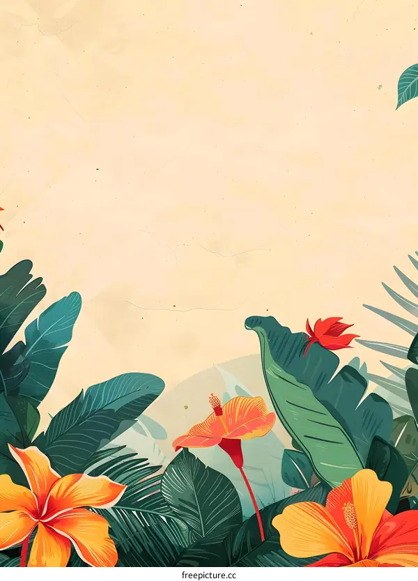 Tropical Floral Background Illustration With Green Leaves And Flowers