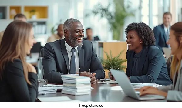 A group of people are sitting around a table having a meeting.