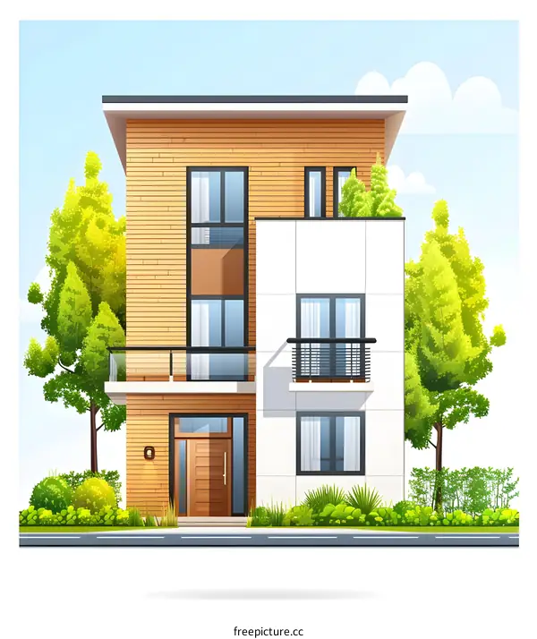 Modern House with Wooden Siding and Green Trees