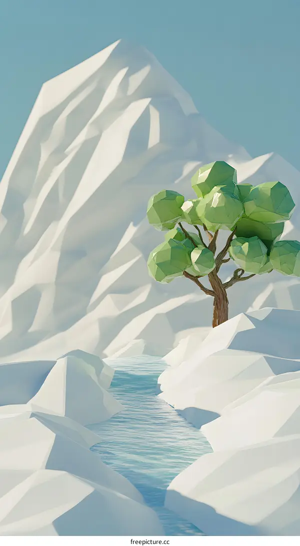 Low Poly Tree and River in a Mountain Landscape