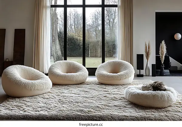 Modern Cozy Living Room with Fluffy Bean Bag Chairs